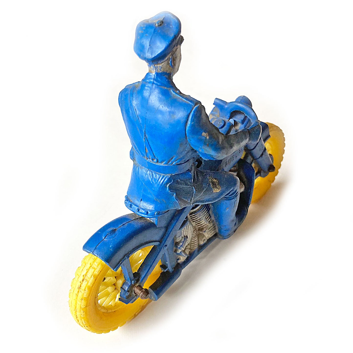 Auburn v-twin motorcycle toy, cop on Harley or Indian, rubber and plastic, 1940s