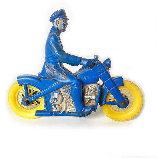 Auburn v-twin motorcycle toy, cop on Harley or Indian, rubber and plastic, 1940s